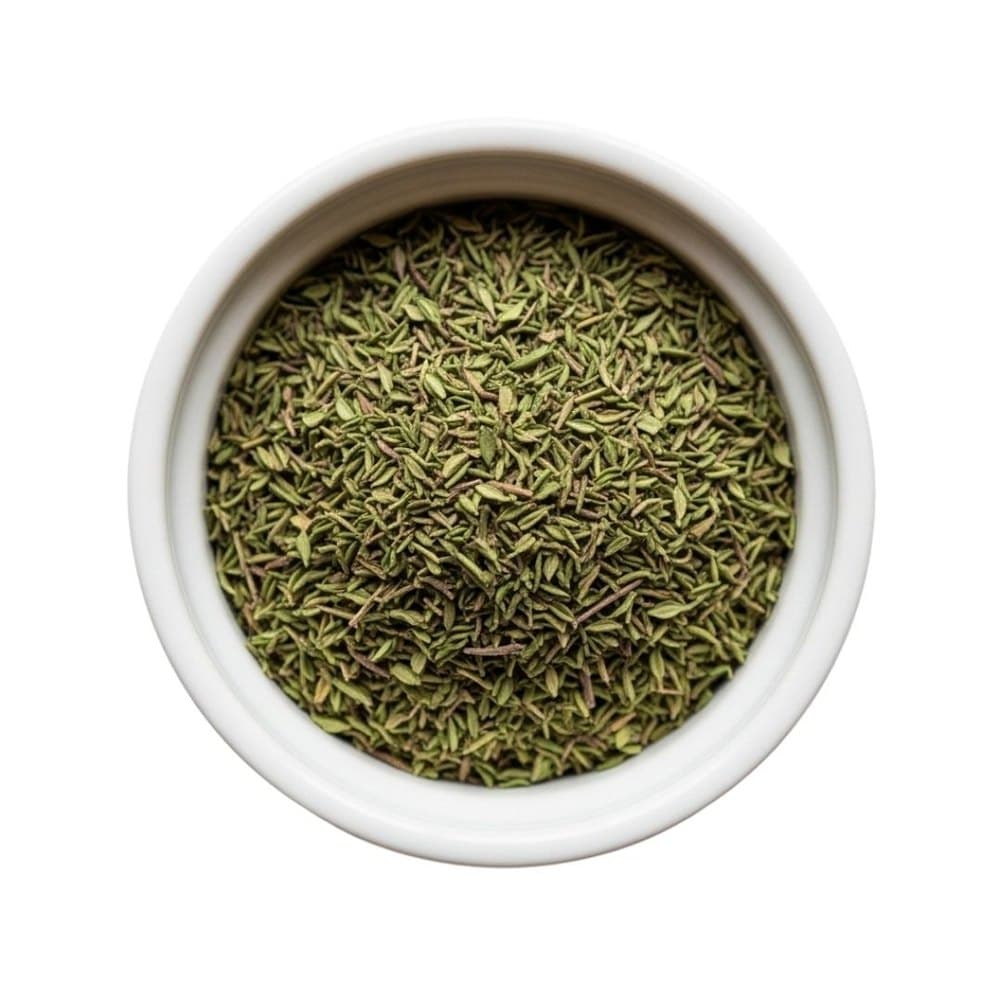 Dried Turkish thyme in a white bowl — Aegean origin